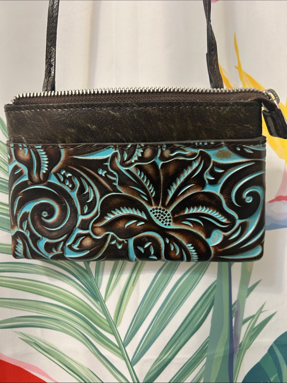 Patricia Nash Brown & Turquoise Floral Embossed Wristlet